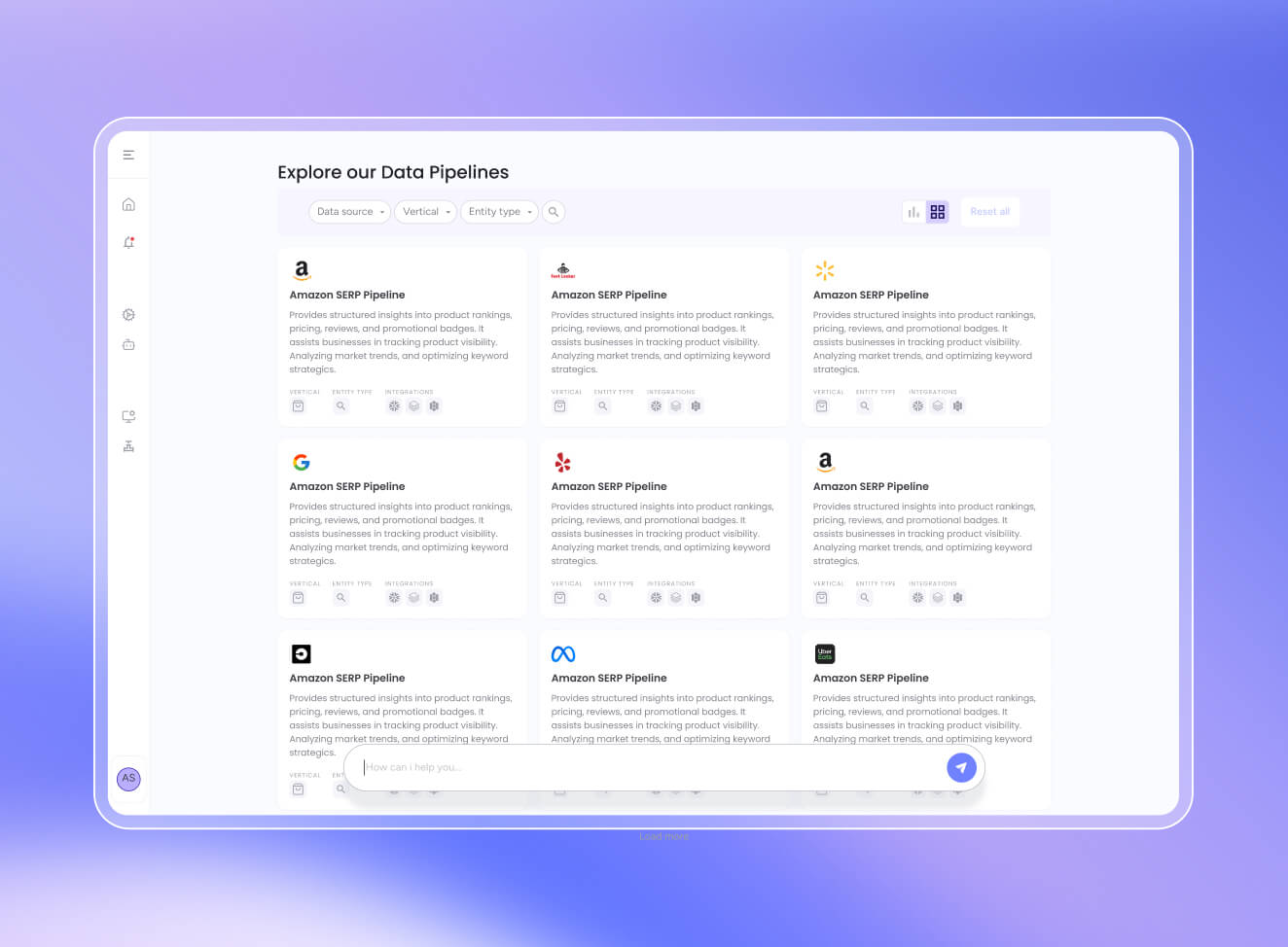 Dashboard interface titled 'Explore our Data Pipelines' showing multiple Amazon SERP Pipeline cards with company logos and descriptions on a purple gradient background.