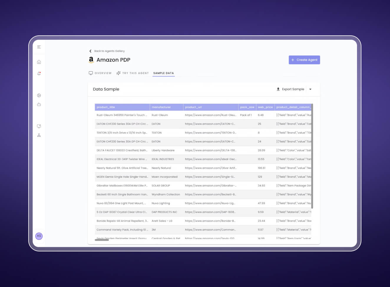 Dashboard screen showing Amazon PDP data sample with product titles, manufacturers, URLs, pack sizes, and web prices in a table format.