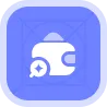 White icon of a helmet with a star symbol on a rounded blue square background.