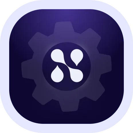 Dark blue app icon with a gear and intertwined white droplets symbol in the center.