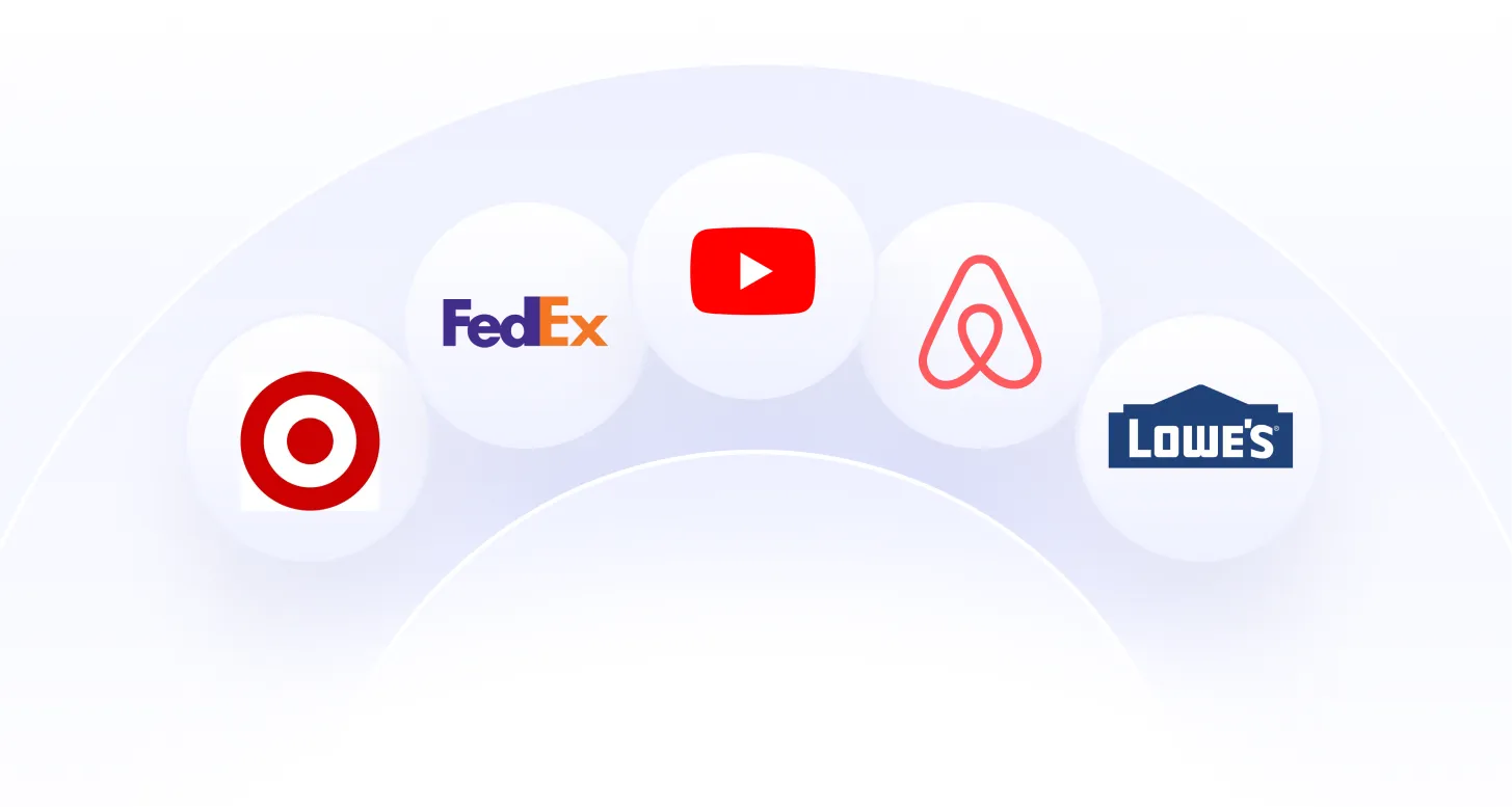 Logos of Target, FedEx, YouTube, Airbnb, and Lowe's arranged in a curved line on a light background.