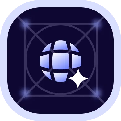 Blue globe with segmented panels and a sparkle icon on a dark rounded square background.