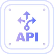 Icon showing the letters API with arrows branching in different directions above it, symbolizing API integration or data flow.