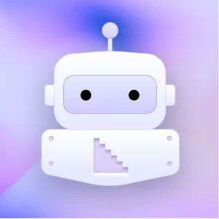 Minimalistic white robot face with two black eyes and an antenna on a purple and blue gradient background.