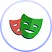 Two theatrical masks with smiling and sad expressions in green and red.
