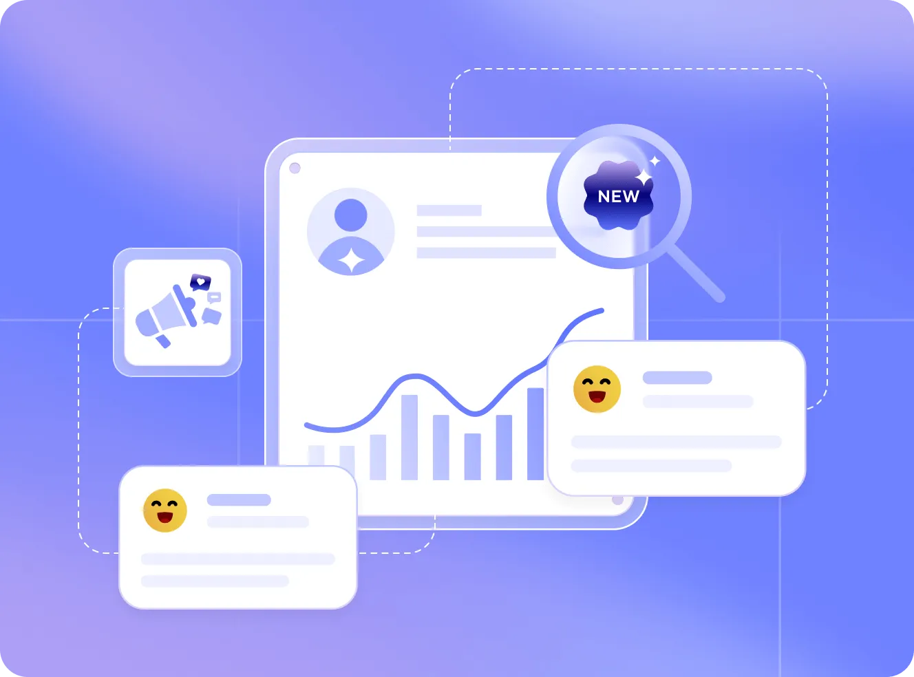 Illustration of a user profile with a rising line chart, magnifying glass highlighting 'NEW' badge, social media megaphone icon, and two chat boxes with smiling emoji.