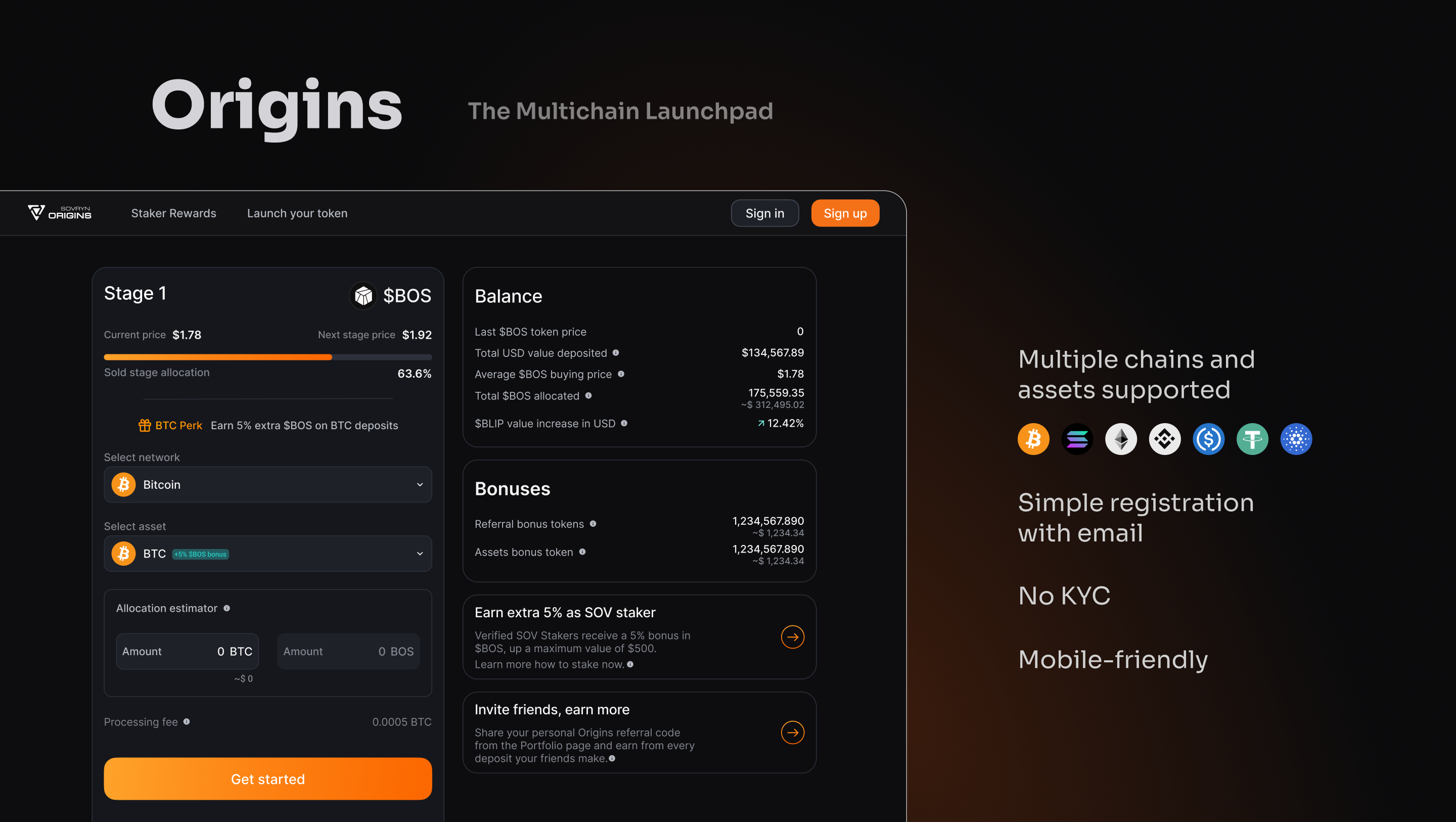 Modern and clean design for Sovryn defi exchange, orange bitcoin color, dark theme