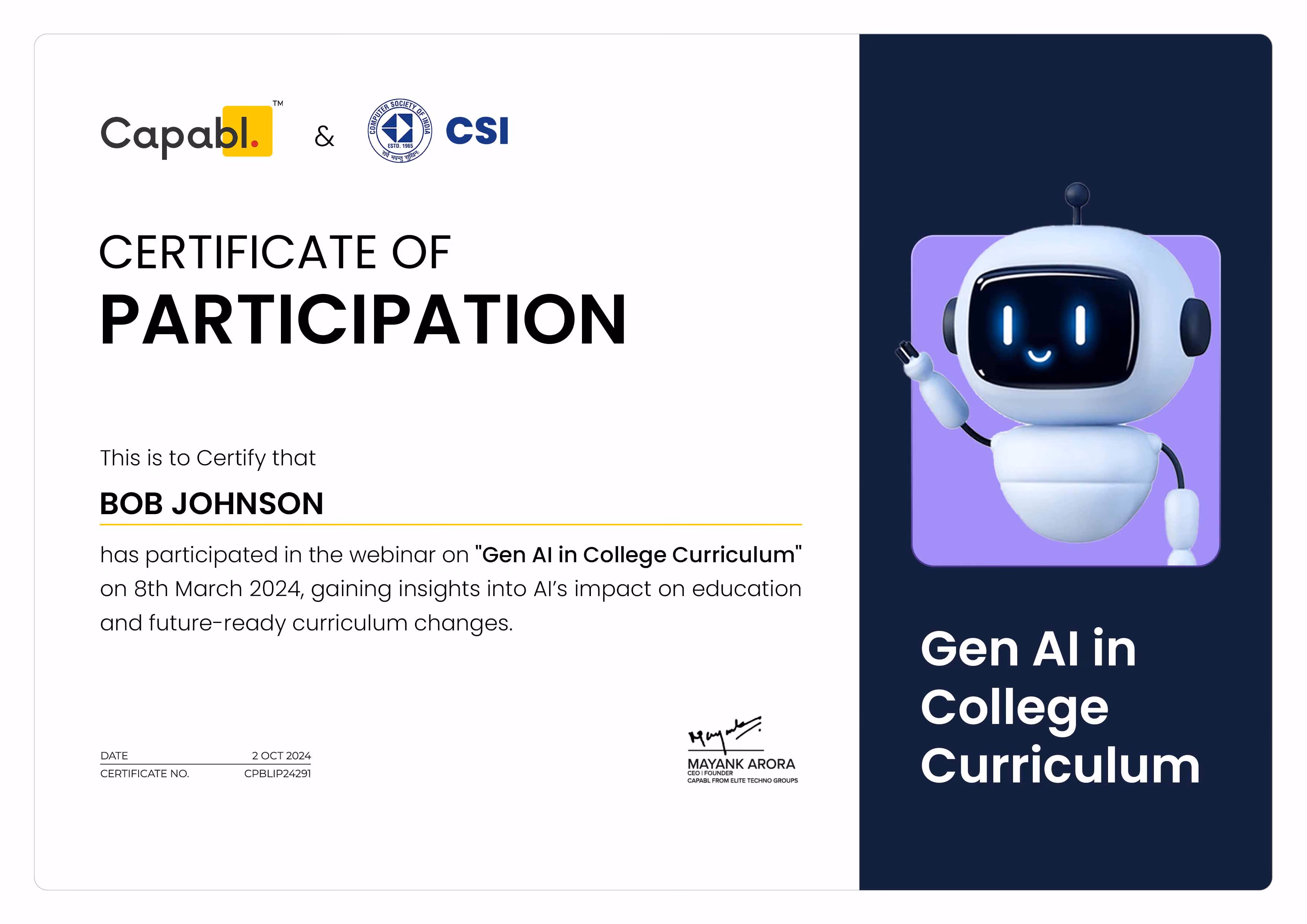Gen AI Certificate of Participation Sample