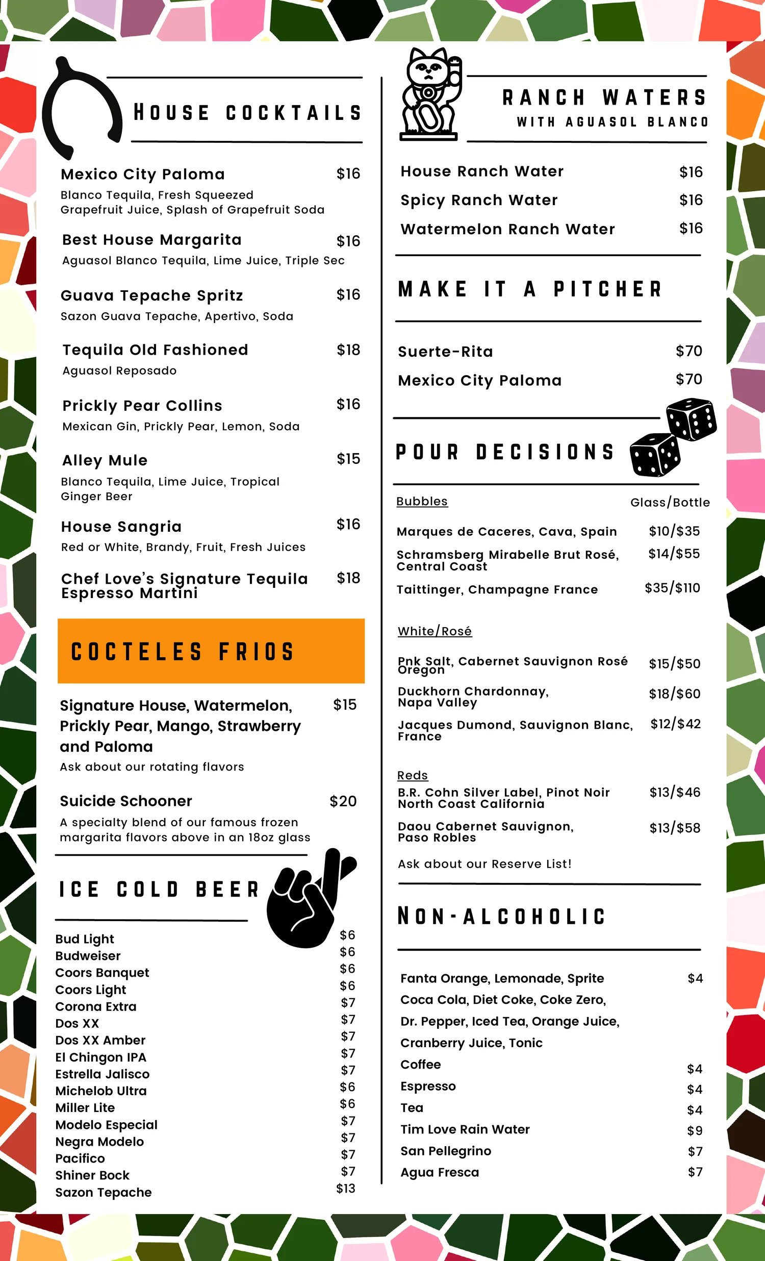 Paloma Suerte drinks menu: house cocktails, ranch waters, wine, beer, and non-alcoholic options with prices