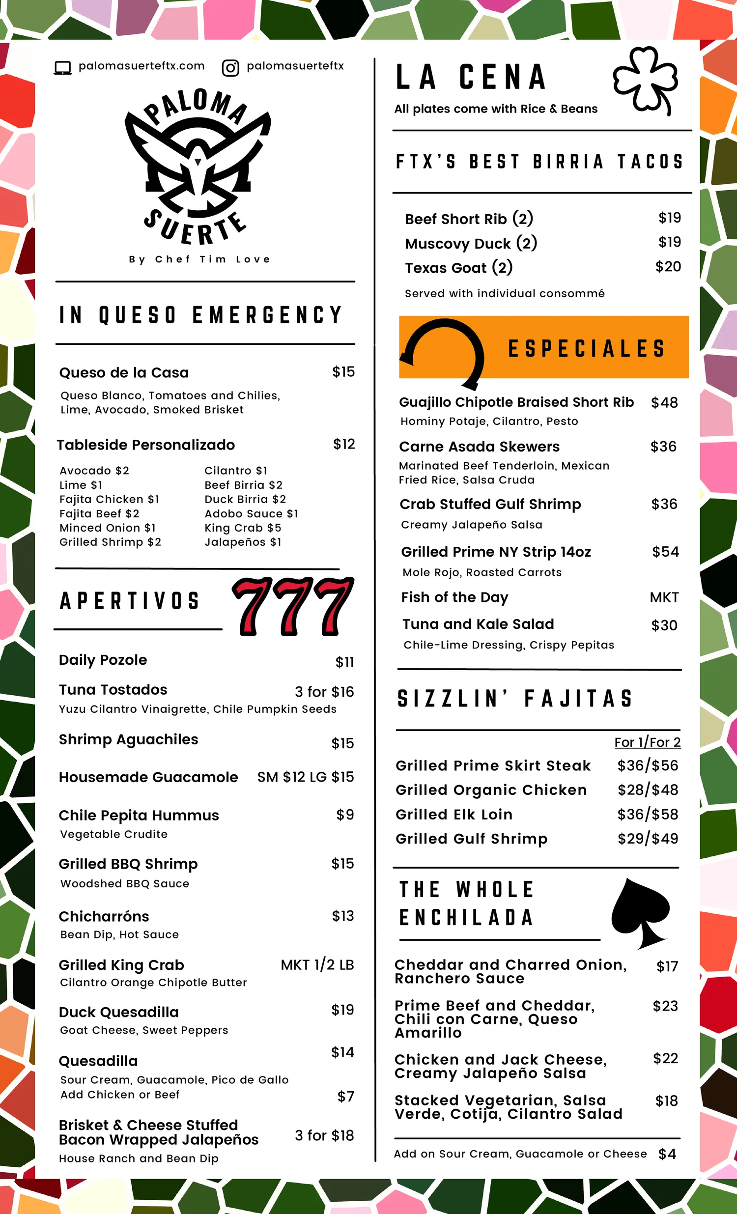 Paloma Suerte all-day menu: queso, aperitivos, birria tacos, especiales, fajitas, and enchiladas with prices