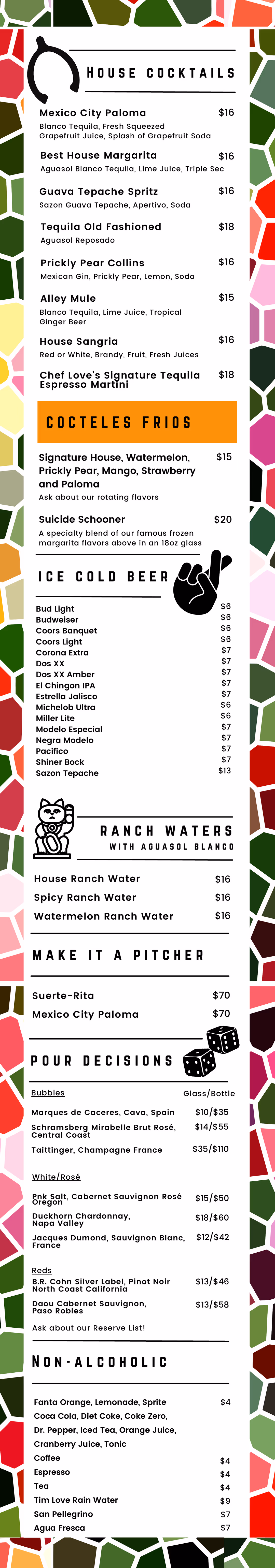 Paloma Suerte drinks menu: house cocktails, ranch waters, wine, beer, and non-alcoholic options with prices