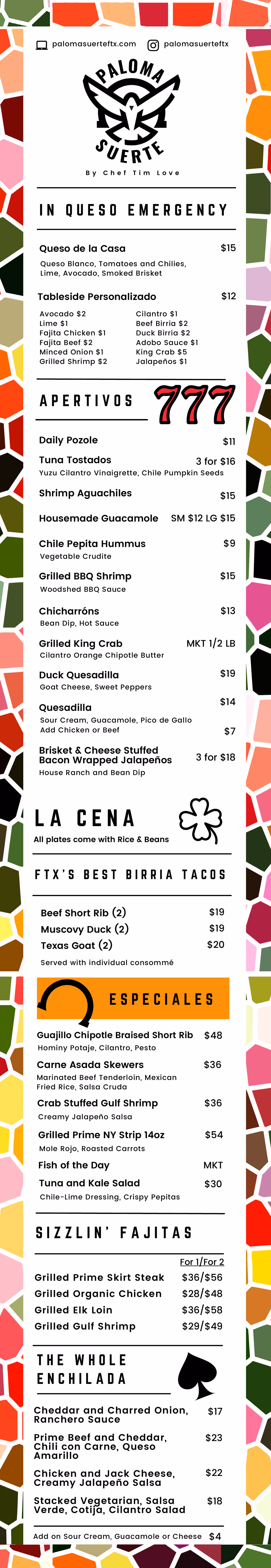 Paloma Suerte all-day menu: queso, aperitivos, birria tacos, especiales, fajitas, and enchiladas with prices