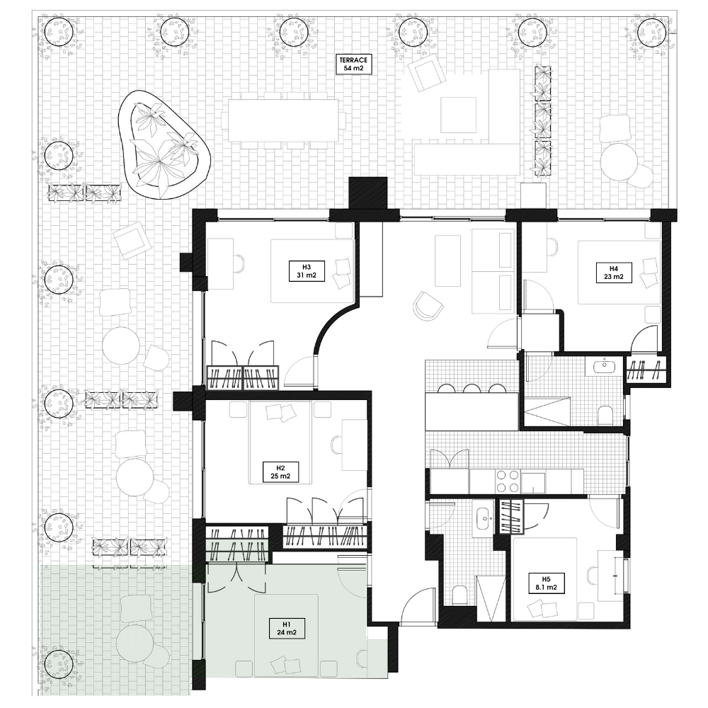 Floor plan of Bedroom 1 in the Socien coliving apartment in Barcelona, showing layout, bed, desk, and private terrace.