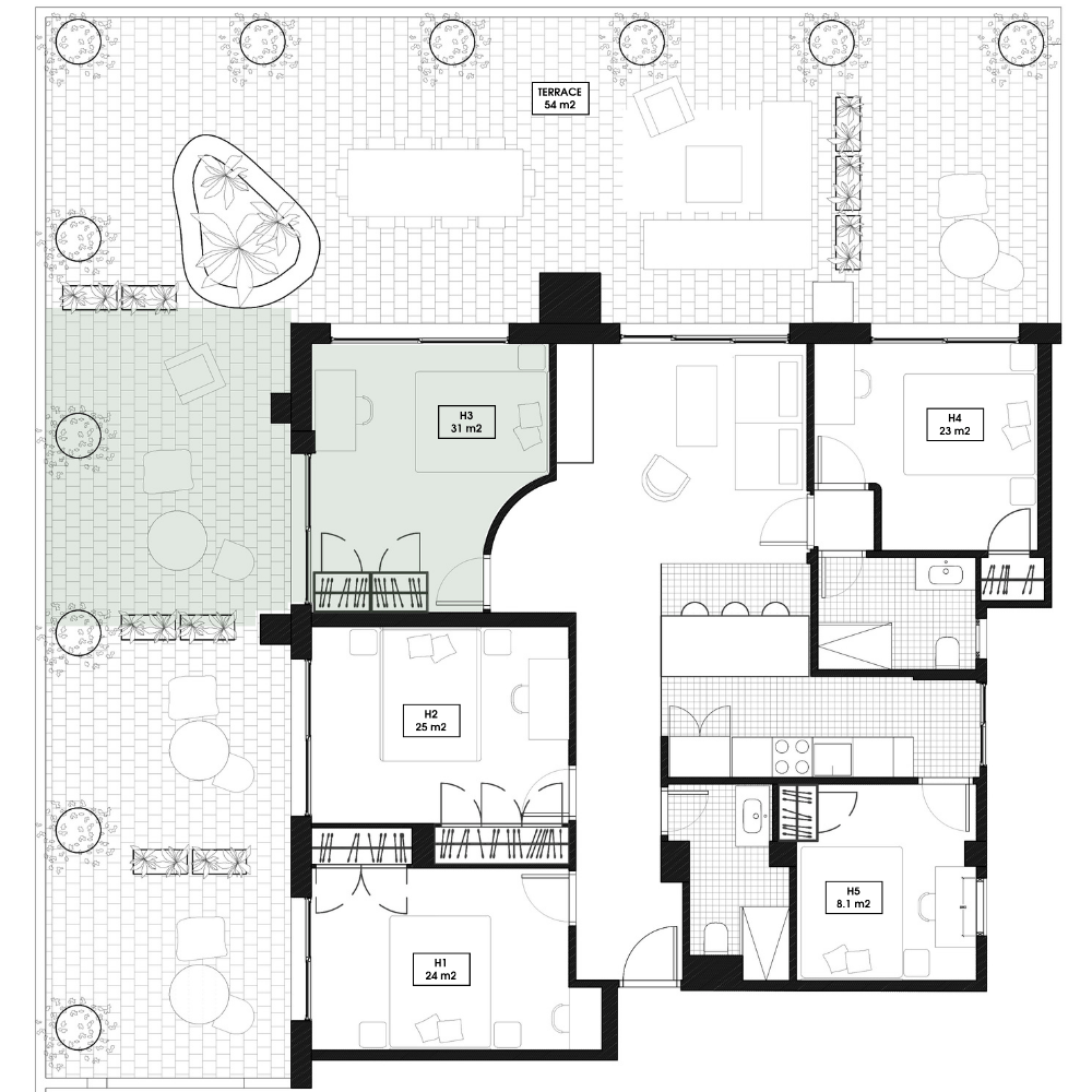 Floor plan of Bedroom 3 in the Socien coliving apartment in Barcelona, showing layout, bed, desk, and private terrace.