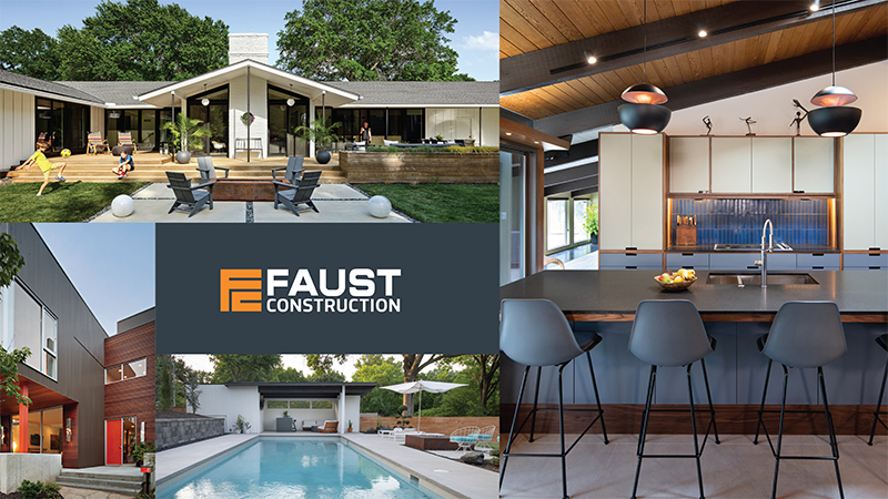 Collage showing a modern backyard patio with seating, a sleek kitchen with island and bar stools, a contemporary pool area, and a stylish modern exterior; with Faust Construction logo centered.