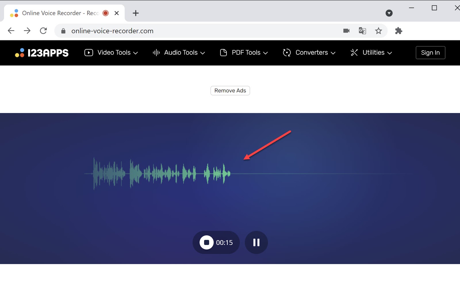 Screenshot of using Online Voice recorder to trim audio