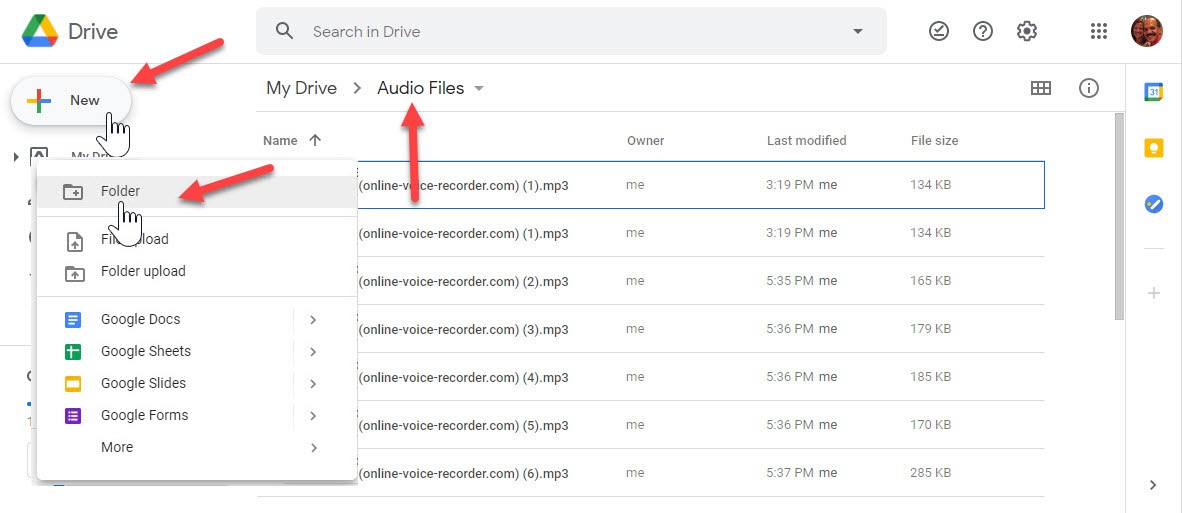 Screenshot of how to upload audio files to Google Drive