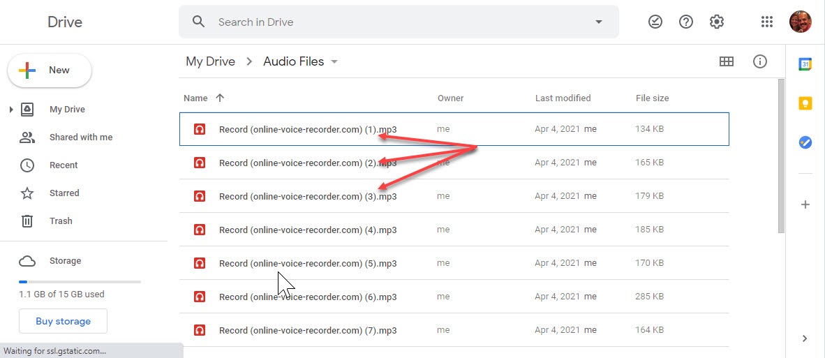 Screenshot of how to upload audio files to Google Drive