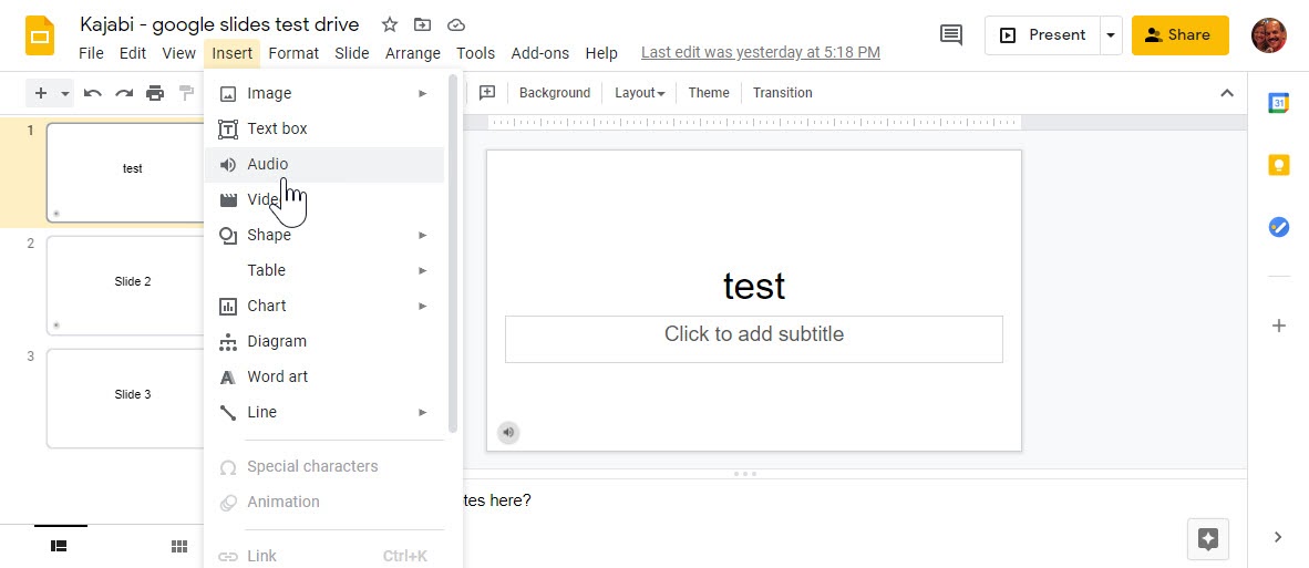 Screenshot of how to upload audio files to a Google Slide presentation