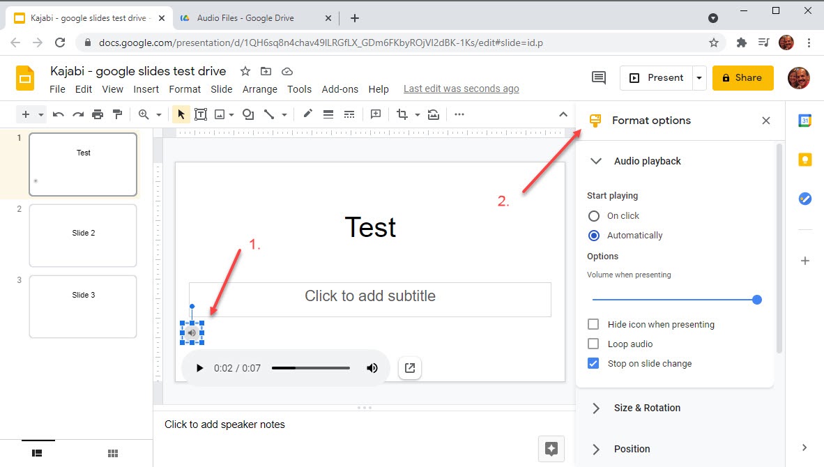 Screenshot of how to upload audio files to a Google Slide presentation