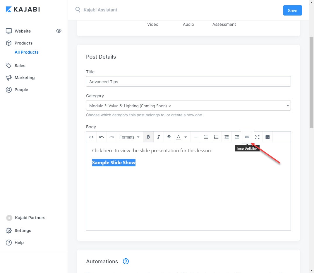 Screenshot of how to embed your Google Slide presentation with audio into Kajabi