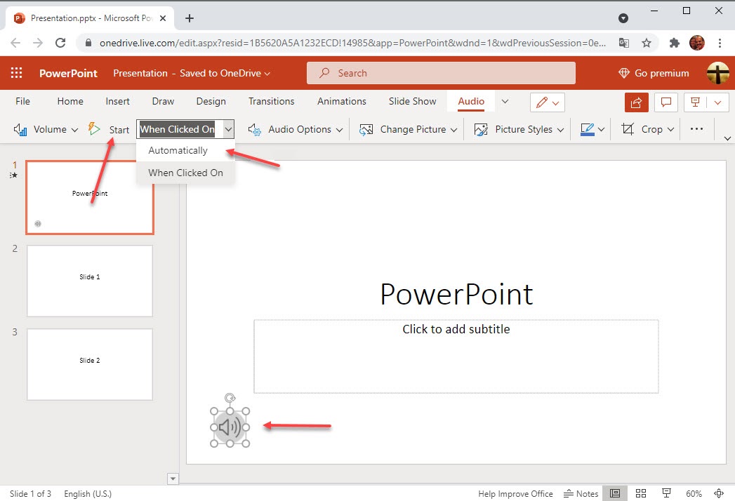 Screenshot of how to format audio files in a PowerPoint presentation