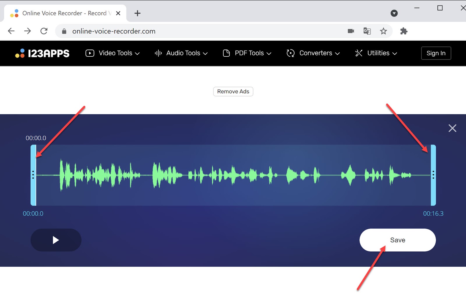 Screenshot of Online Voice Recorder audio editing capabilities