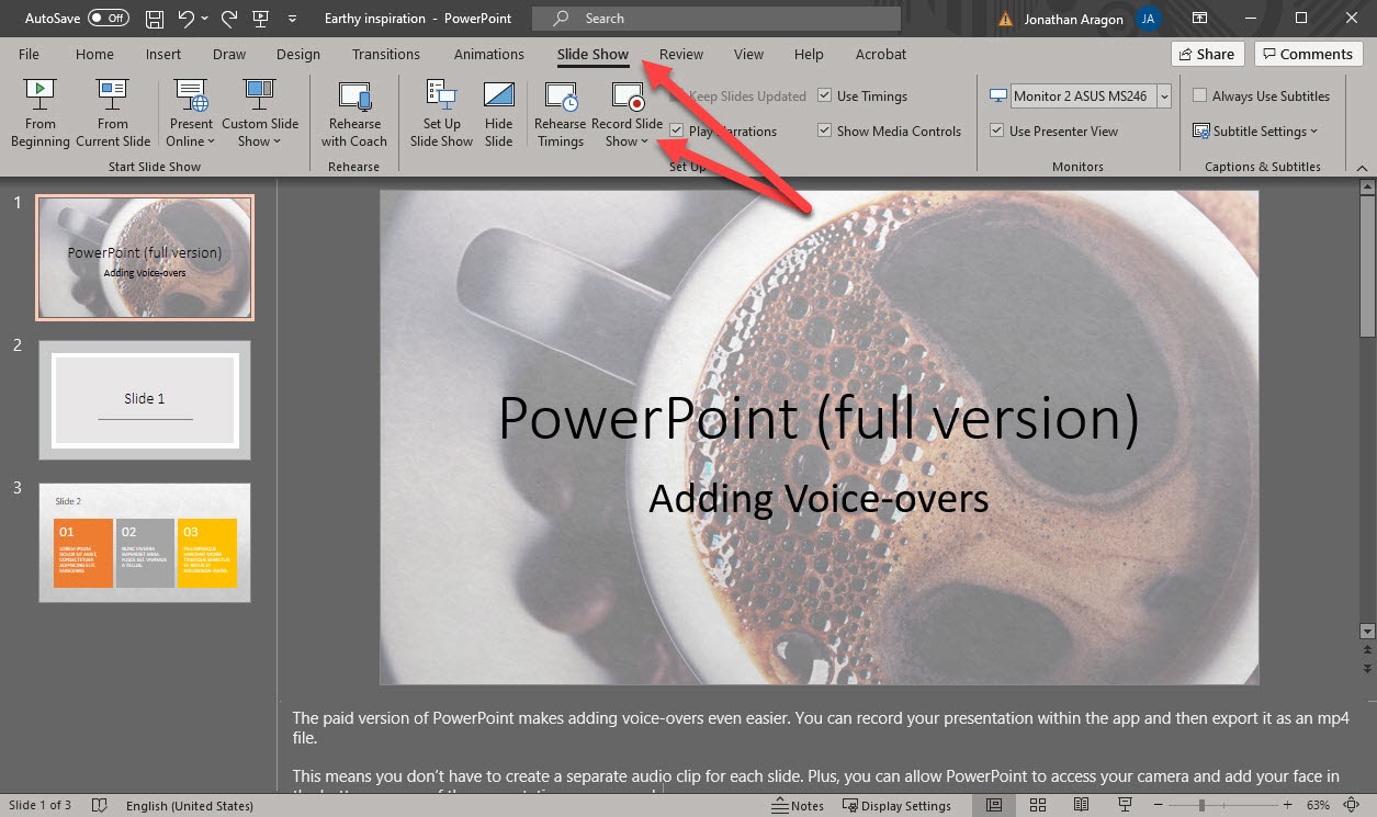 Screenshot of choosing Slide Show > Record Slide Show in PowerPoint