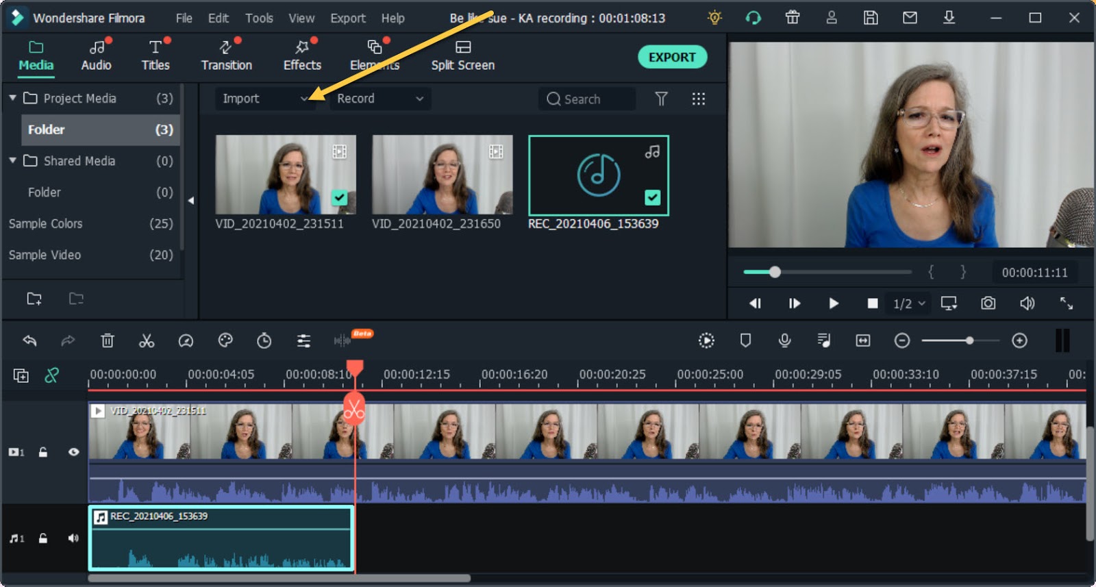 Screenshot of Filmora, used for adding audio to presentations