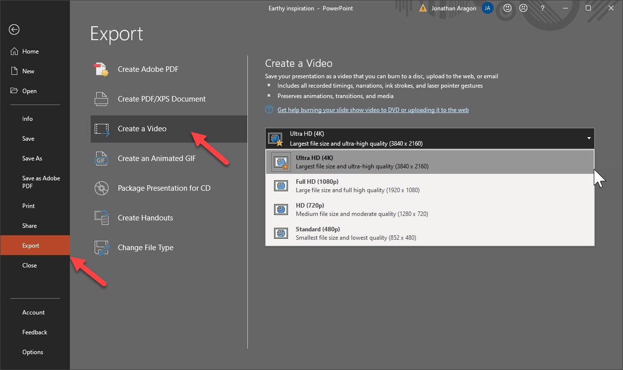 Screenshot of Export > Create a Video in Microsoft PowerPoint