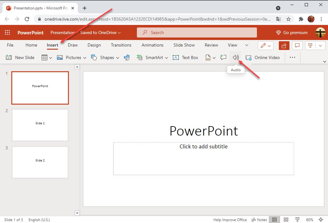 Screenshot of how to upload audio files to a PowerPoint presentation