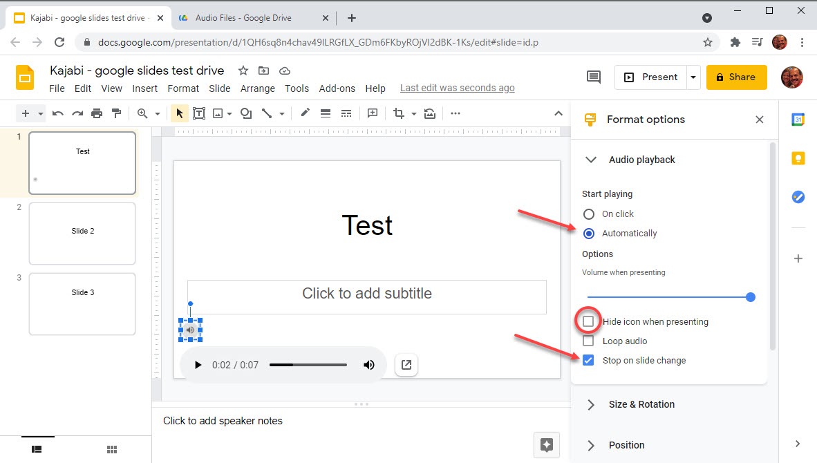 Screenshot of how to upload audio files to a Google Slide presentation