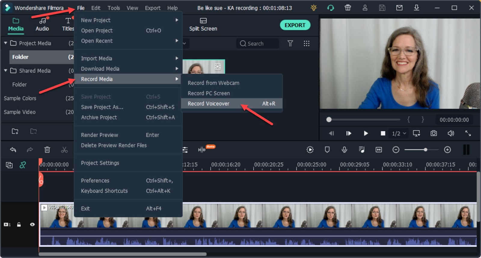 Screenshot of recording in Filmora, used for adding audio to presentations