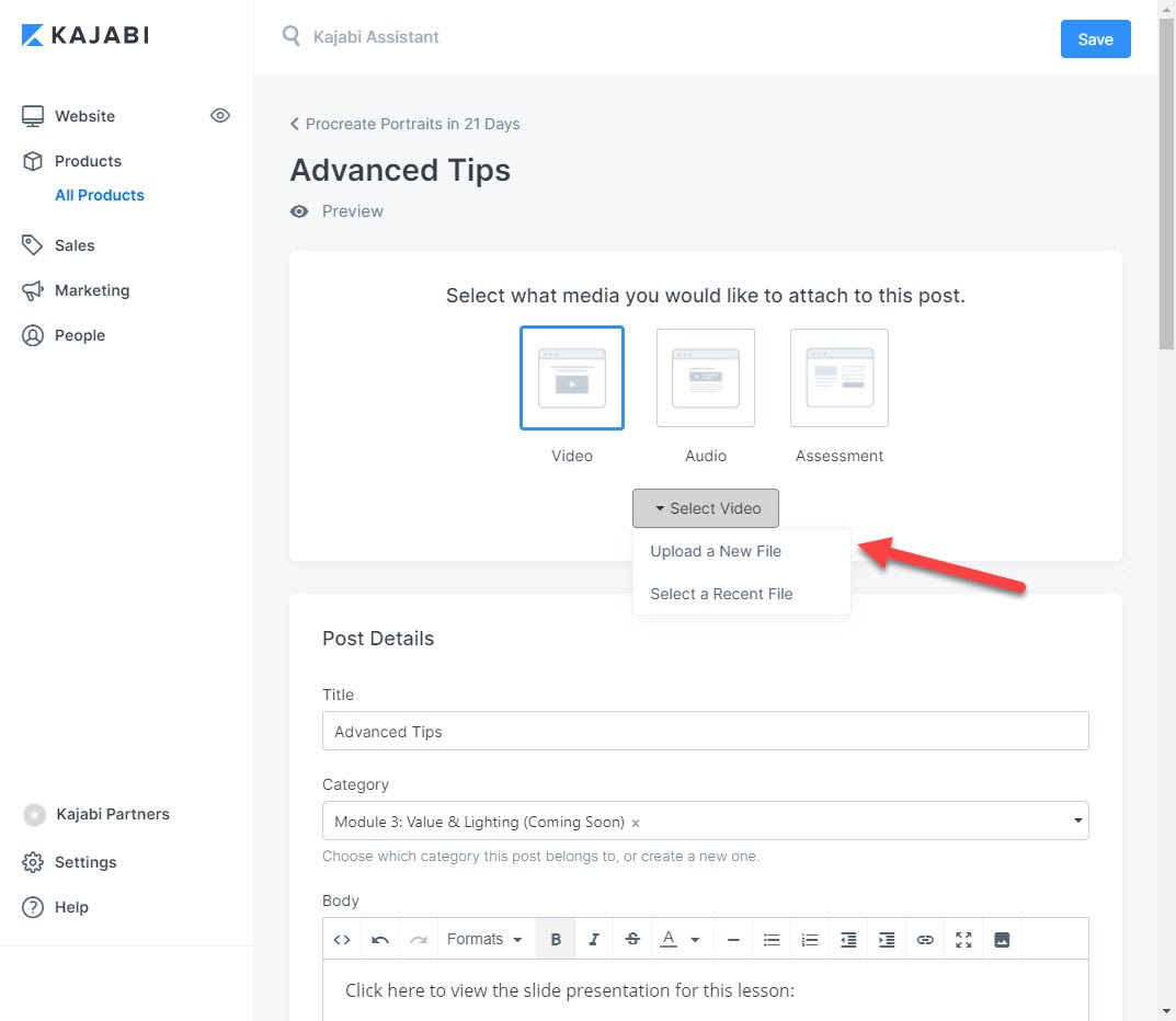 Screenshot of how to upload PowerPoint video with audio files to Kajabi