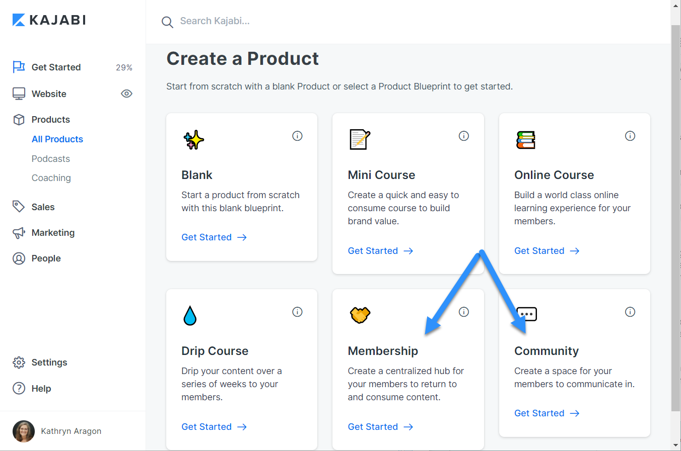 ڰ 'Create a Product' screen displaying options for Blank, Mini Course, Online Course, Drip Course, Membership, and Community.