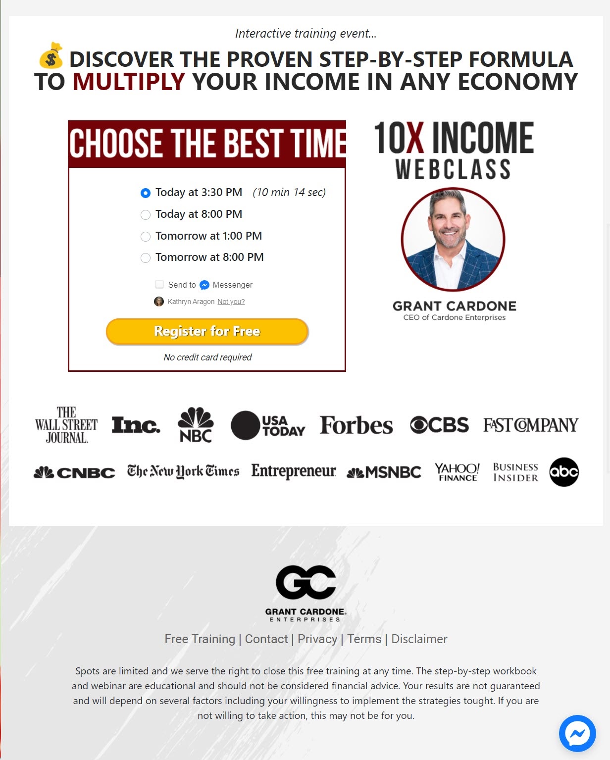 10x income webinar sign up landing page