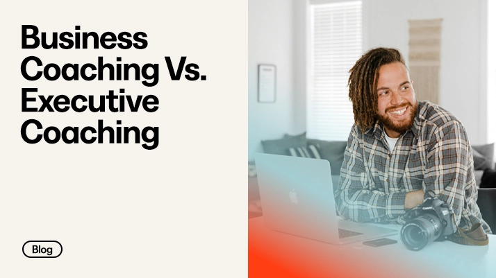 On the right, a man sitting in front of his laptop. On the left, text that reads “Business Coaching vs. Executive Coaching.”