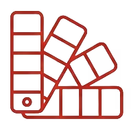 Set of four reddish color swatch fan deck samples with rectangular color blocks.