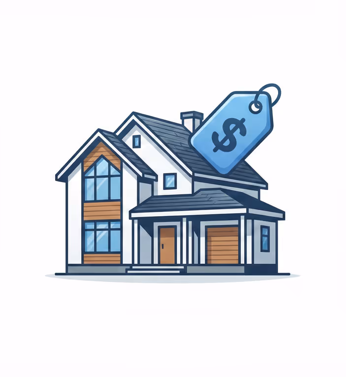 Illustration of a modern home with a price tag representing roofing cost transparency in Ontario.