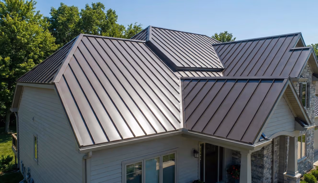 House with a shiny dark metal standing seam roof and light-colored siding, surrounded by trees.
