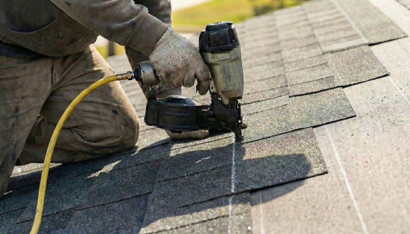 Worker in gloves using a pneumatic nail gun to install asphalt shingles on a roof.