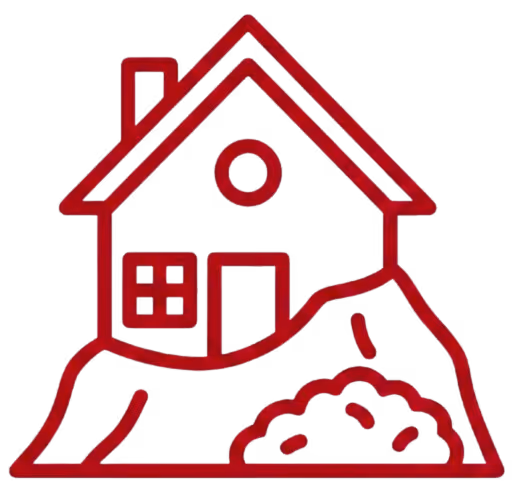 Red line drawing of a house on a hill with a chimney, window, door, and bush in front.