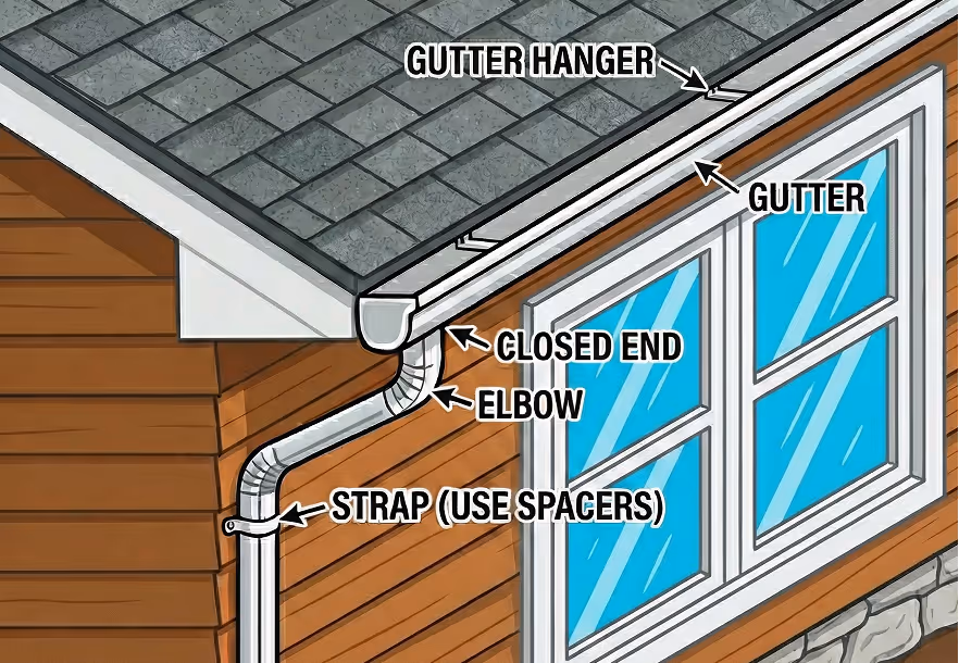 Diagram of a house siding installation showing labeled parts: weather resistant barrier, flashing, J-channel, starter strip, siding panel, fascia and soffit, and corner post.