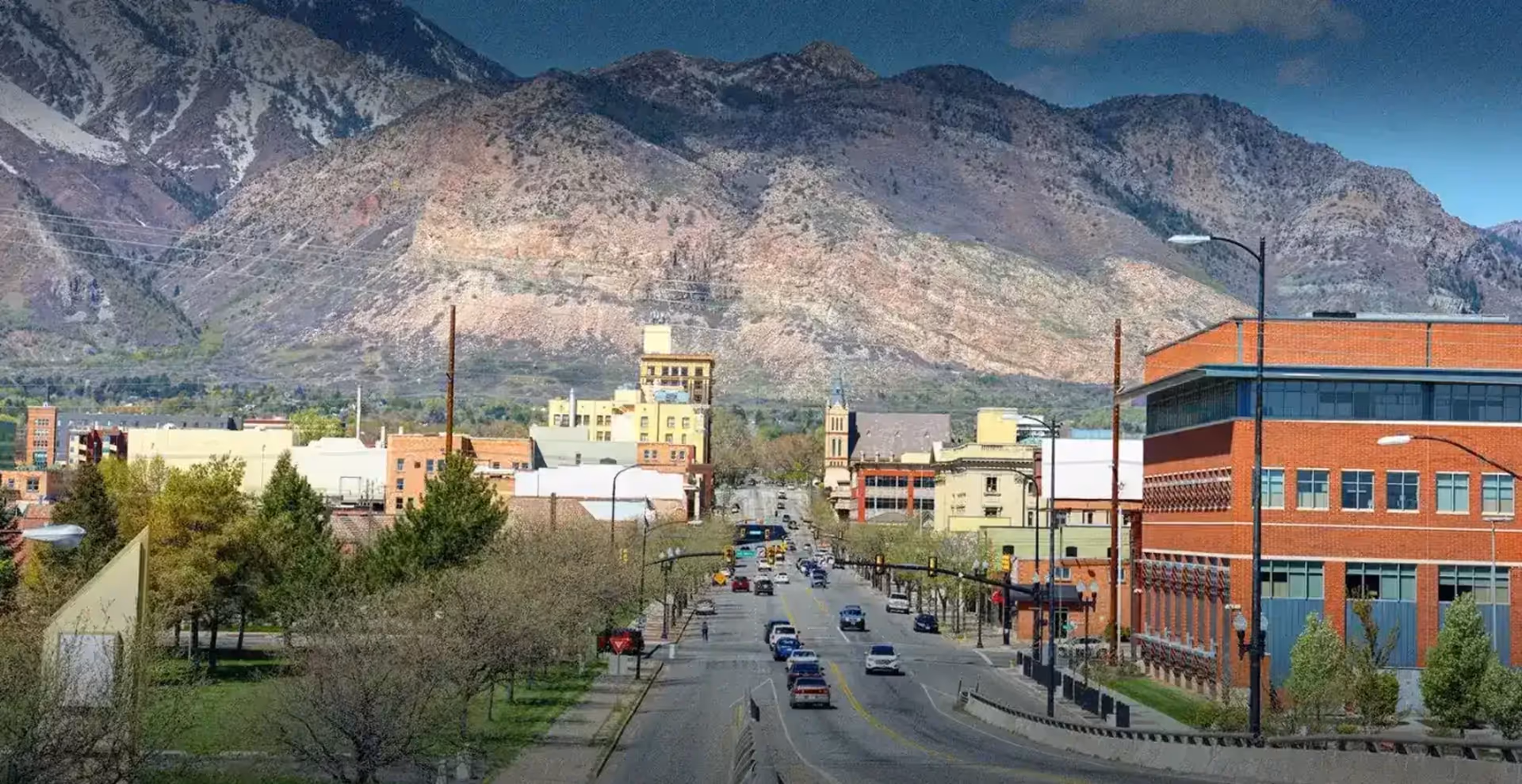 City street with mountain backdrop