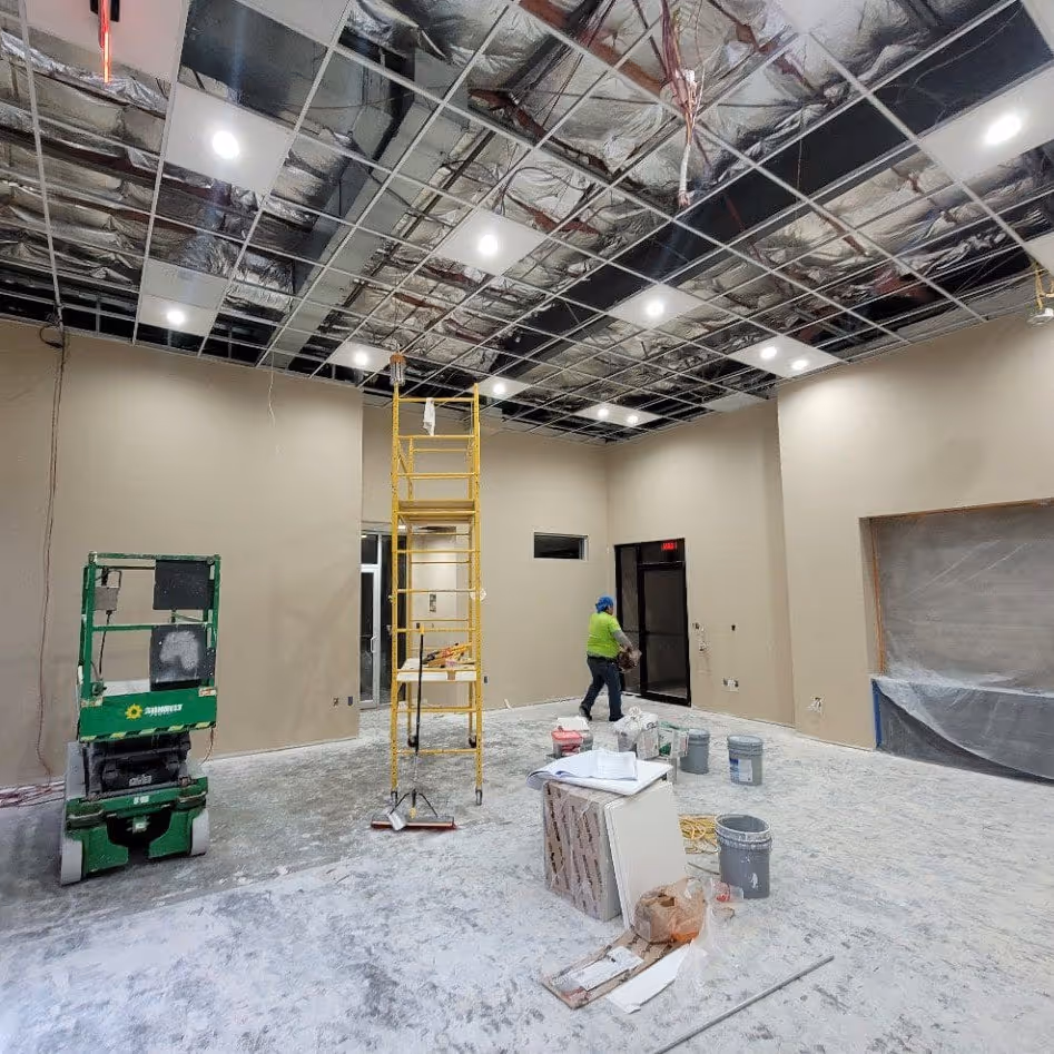 Active Commercial Remodeling Site in a Los Angeles building. View our scaffolding and acoustic ceiling installation for structural upgrades.
