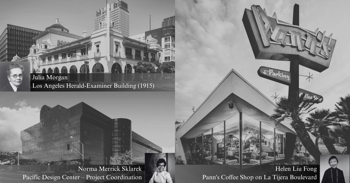 Historical tribute by Build Solutions to influential women in Los Angeles architecture, featuring Julia Morgan, Norma Merrick Sklarek, and Helen Liu Fong alongside iconic LA buildings.