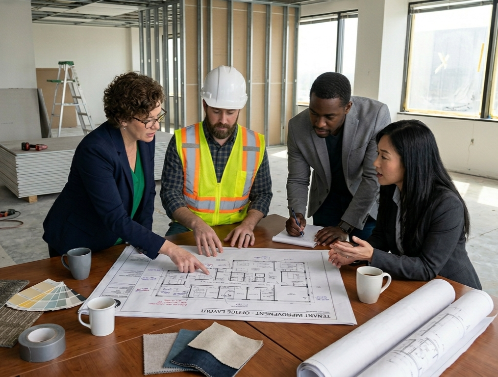 Tenant improvement allowance Los Angeles guide showing commercial office renovation planning, contractor consultation, and build-out cost budgeting.