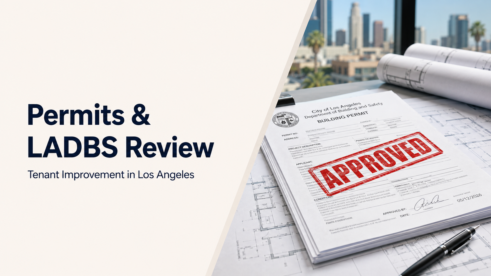Permits and LADBS review for tenant improvement in Los Angeles, showing approved building permit, blueprints, and construction plans.