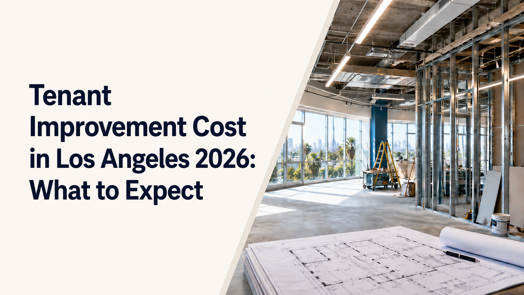 Tenant improvement cost in Los Angeles 2026 showing a commercial space under construction with framing, blueprints, and office build-out work.