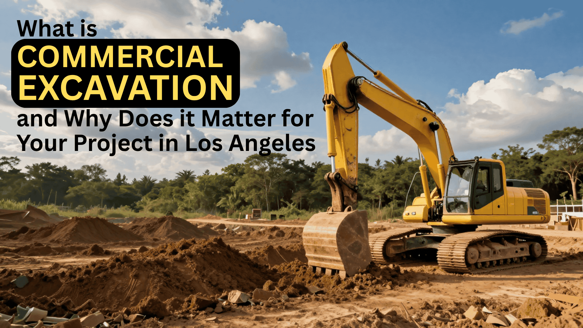 Commercial excavation contractor operating a yellow excavator on a Los Angeles construction site for ground-up commercial building preparation